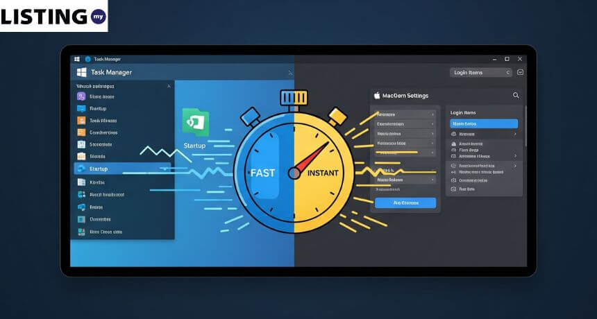 Graphic featuring a stopwatch alongside Windows Task Manager and macOS system settings, illustrating how to disable startup programs to speed up boot time.