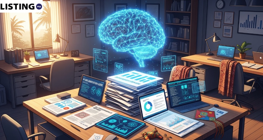Digital brain hologram glowing above office desks with laptops and AI implementation guides in a sunny room.