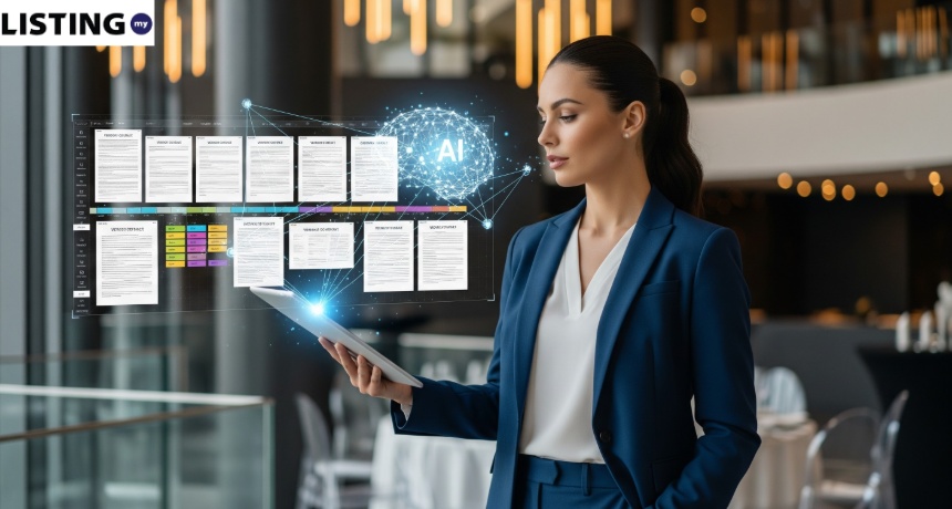 Businesswoman using a tablet to interact with a holographic AI interface for document analysis in a modern office.