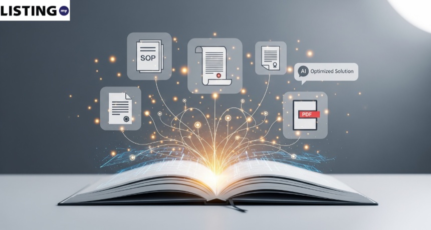 Open book with glowing digital connections to SOP and PDF icons, representing an AI optimized document solution.