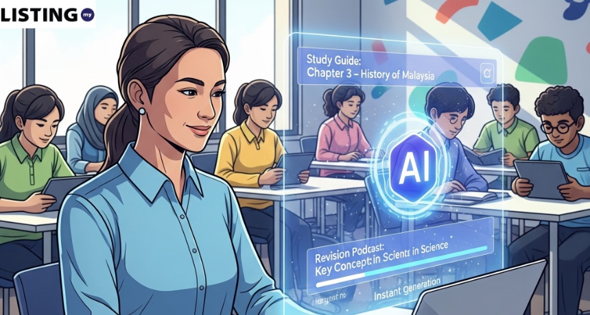 Teacher and students in a classroom with a futuristic AI hologram displaying study guides and revision materials.