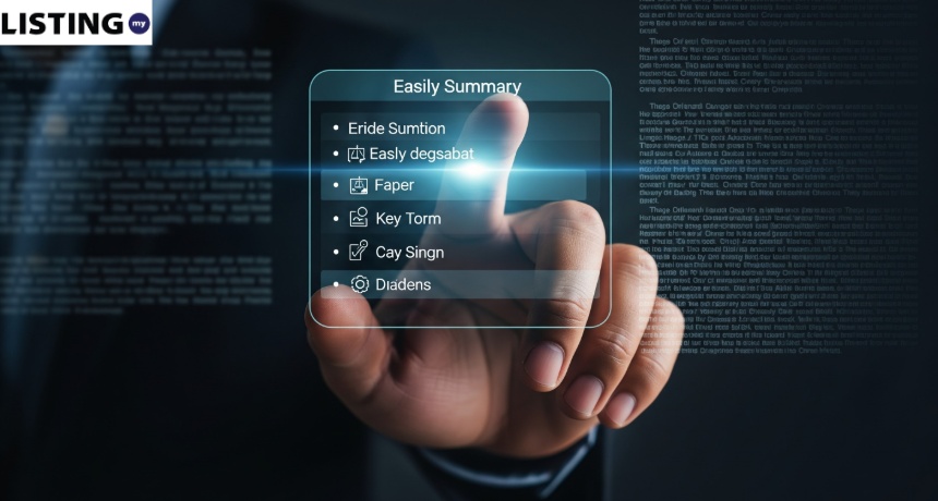 Hand interacting with a digital summary menu interface featuring various icons and text on a dark tech background.