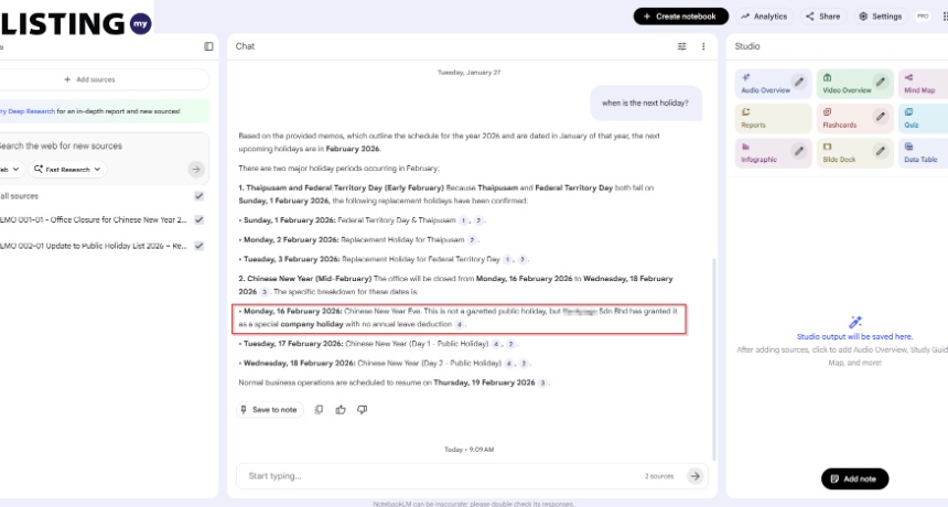 Screenshot of the LISTING.my AI chat interface displaying Malaysia's February 2026 holiday schedule.