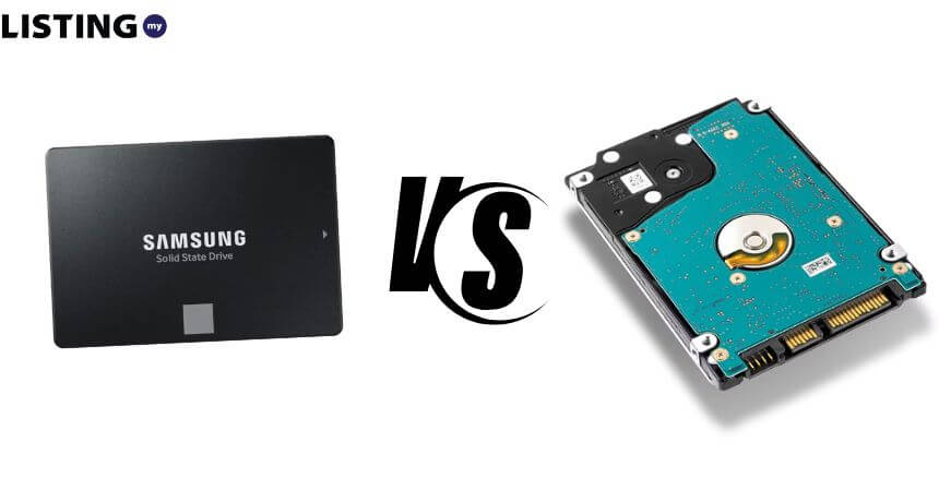 Side-by-side comparison of a Samsung SSD (Solid State Drive) and a traditional HDD (Hard Disk Drive) with a VS symbol in the center.