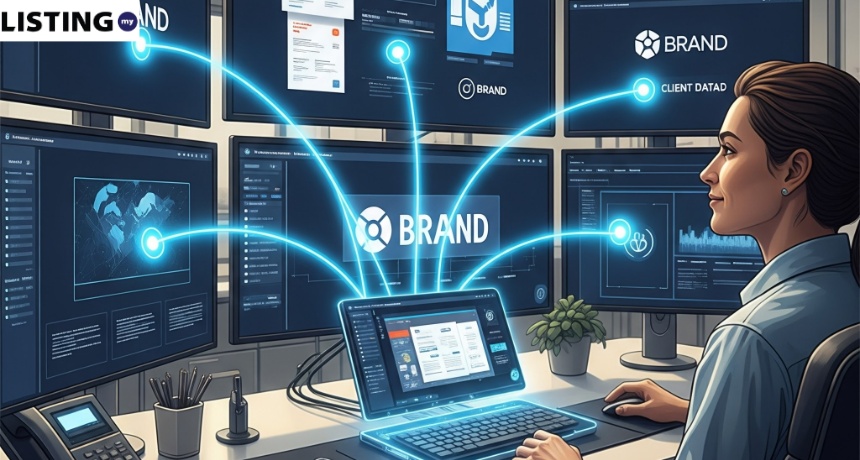 A woman manages multiple screens with digital data connections for brand monitoring and analysis.