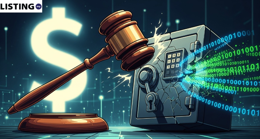 A judge's gavel breaking open a digital safe with binary code spilling out against a glowing dollar sign background.