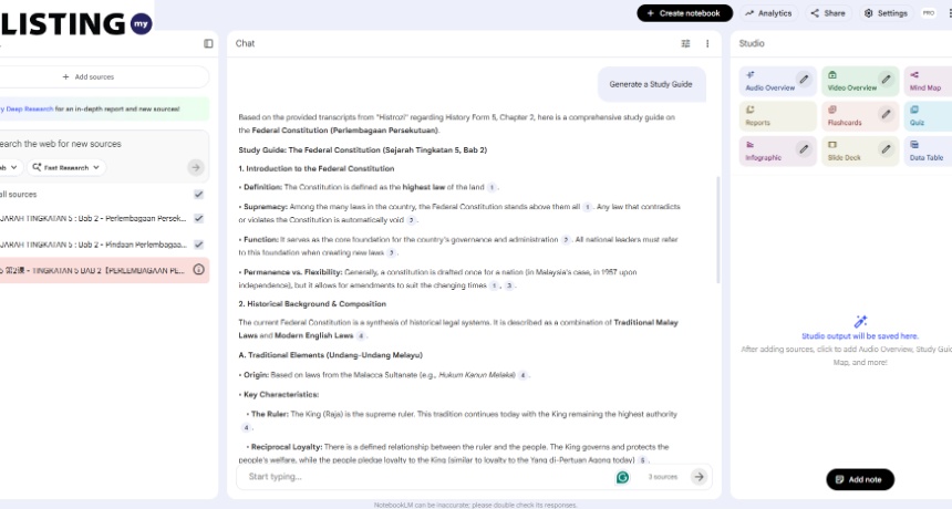 Screenshot of the AI interface displaying a comprehensive study guide on the Sej From 5 Bab 2 Federal Constitution of Malaysia .