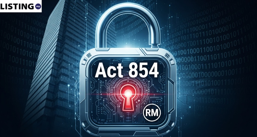Digital padlock with Act 854 text representing Malaysia's Cyber Security Act against a data-themed background.