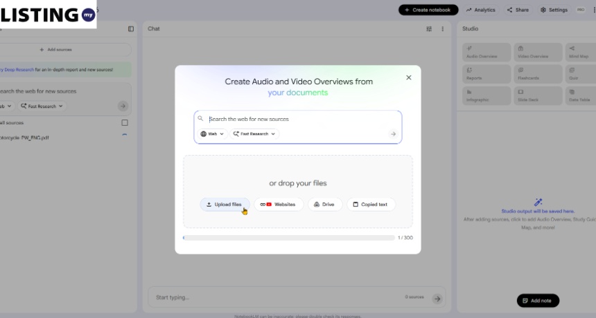 Modal window for uploading documents in a digital notebook tool with search and file upload options.
