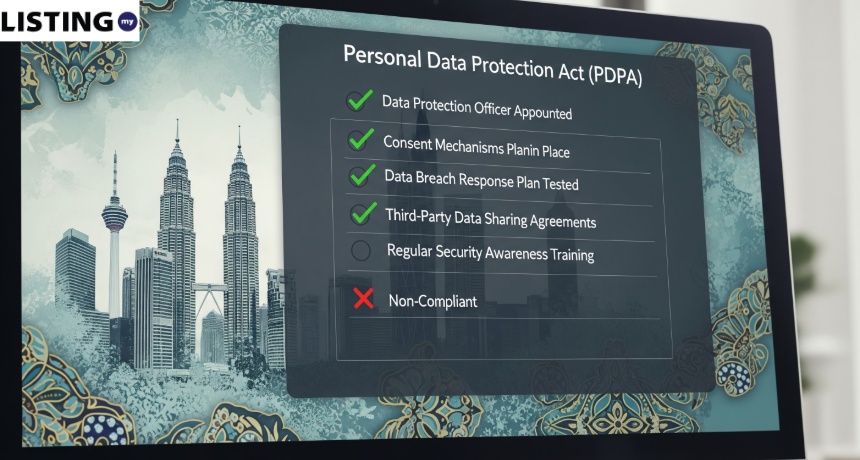 PDPA compliance checklist on a laptop screen with a background of the Petronas Twin Towers in Kuala Lumpur.