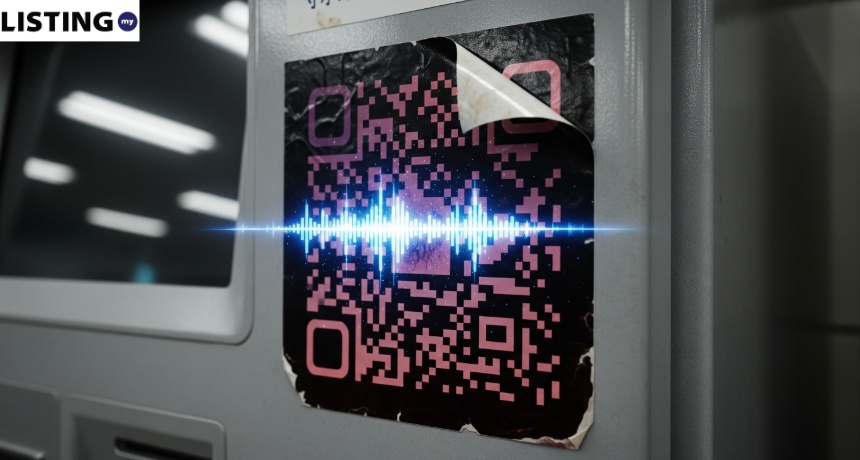 Damaged pink QR code on an ATM machine with a glowing blue digital audio waveform overlay.