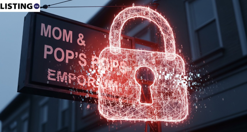 Red digital padlock over a Mom & Pop's Emporium sign, symbolizing cybersecurity for small businesses.