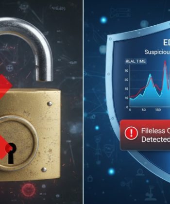 Infographic comparing a security breach with an open padlock to an EDR shield stopping a fileless cyber attack.