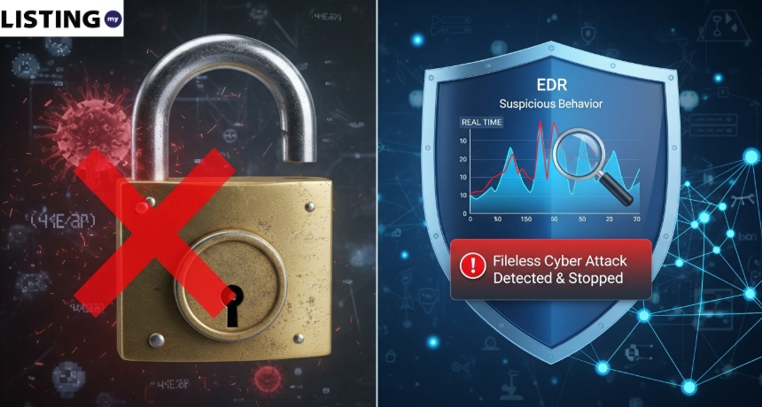 Infographic comparing a security breach with an open padlock to an EDR shield stopping a fileless cyber attack.