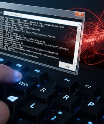 Hand pressing Win key on keyboard with floating PowerShell Run dialog box and red digital background.