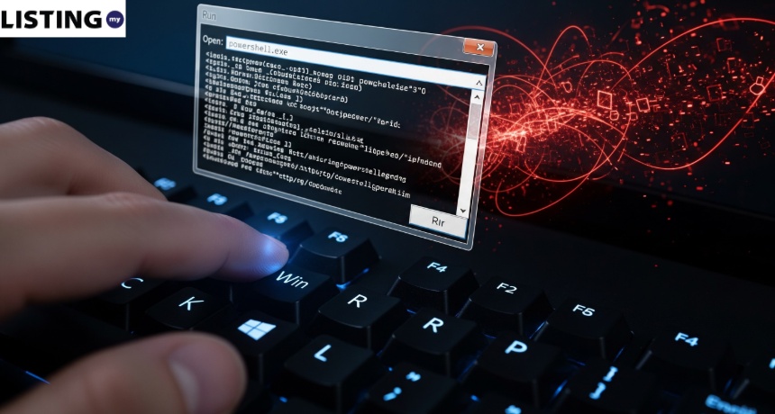 Hand pressing Win key on keyboard with floating PowerShell Run dialog box and red digital background.