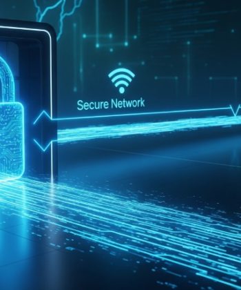 Digital graphic showing secure network vs guest network with a glowing blue padlock icon and data streams.