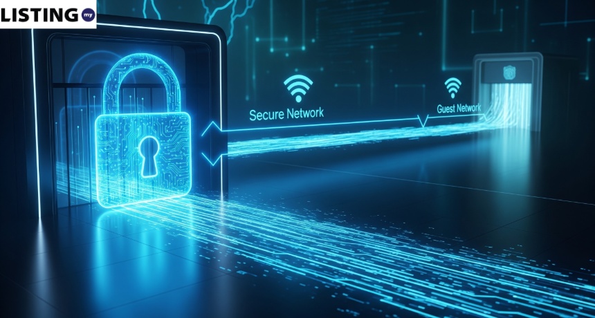 Digital graphic showing secure network vs guest network with a glowing blue padlock icon and data streams.