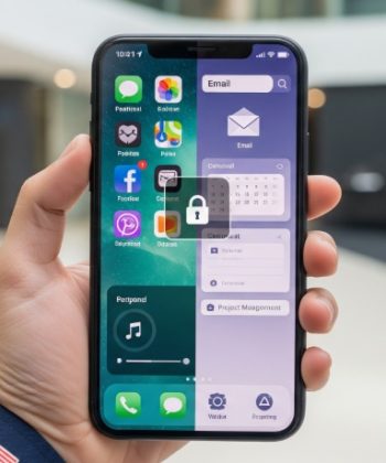 Hand holding a smartphone displaying a customized home screen with productivity widgets and a lock icon overlay.
