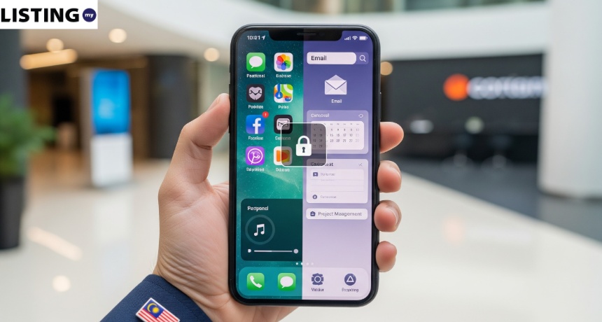 Hand holding a smartphone displaying a customized home screen with productivity widgets and a lock icon overlay.