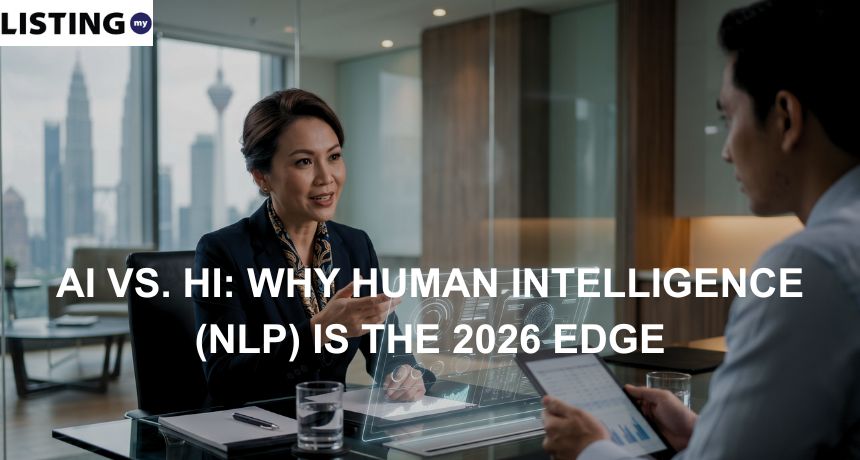 A confident Malaysian executive communicating in a modern office with a subtle futuristic holographic interface on the table.