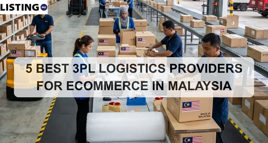 A wide-angle photograph capturing a busy modern logistics warehouse in Malaysia with diverse workers, racks, conveyors, and trucks at docks.