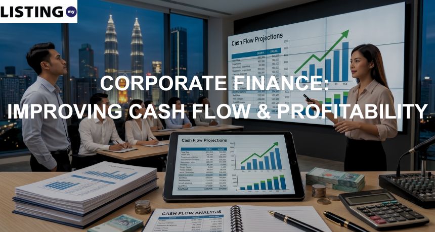 A Malaysian professional presenting cash flow projections to a team in a Kuala Lumpur office with skyscraper views.
