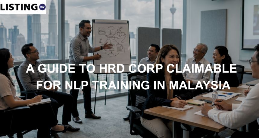 Malaysian professionals attending a corporate NLP training workshop in a modern Kuala Lumpur office with a city skyline view.