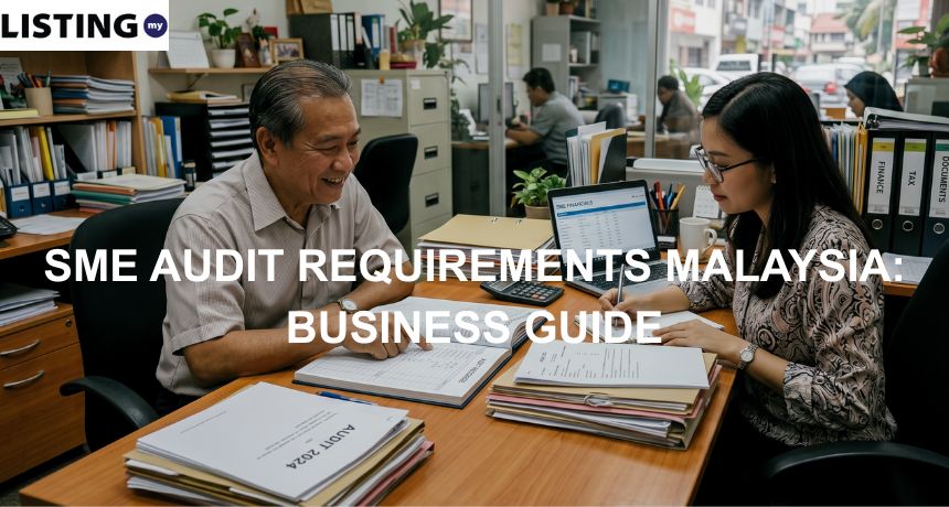 A Malaysian auditor and business owner reviewing financial documents in a professional office, featuring ledgers and a laptop.