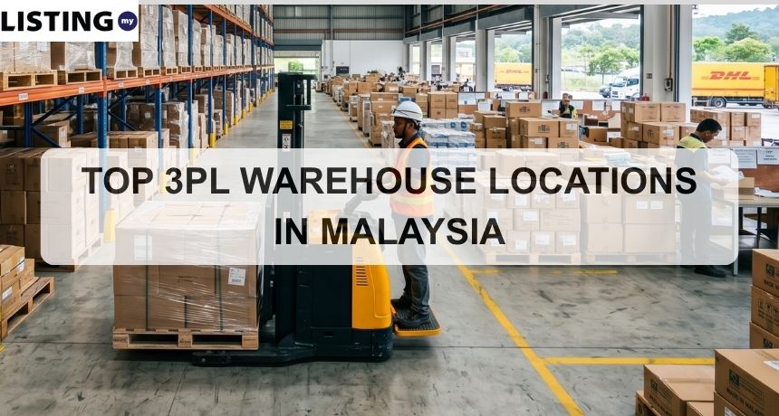 Wide-angle shot of a busy Malaysian warehouse with high-shelf racking, logistics workers, and boxes labeled "Made in Malaysia."