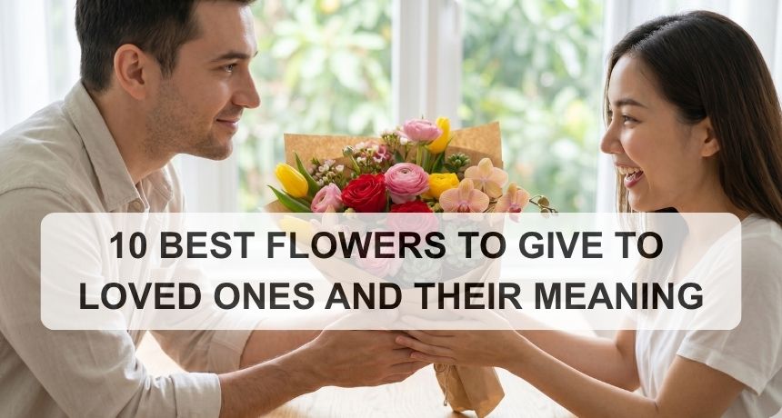 A man presenting a vibrant mixed flower bouquet wrapped in brown paper to his smiling female partner.