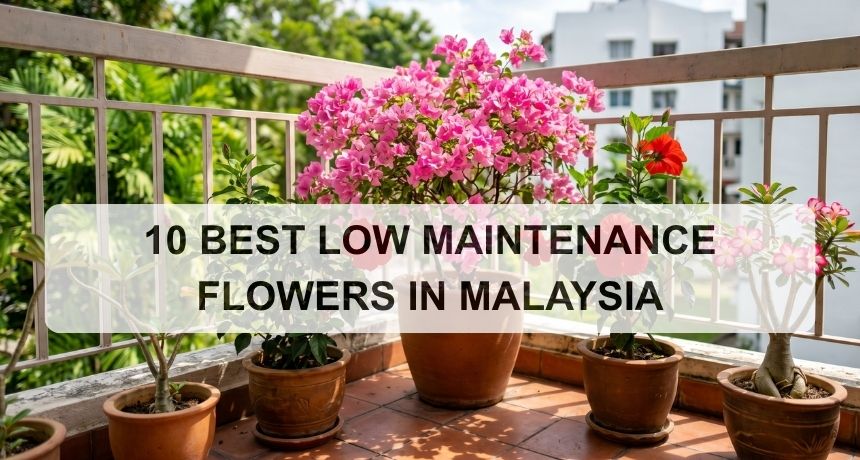 Potted pink bougainvillea, red hibiscus, and adenium flowers thriving on a sunny apartment balcony in Malaysia.