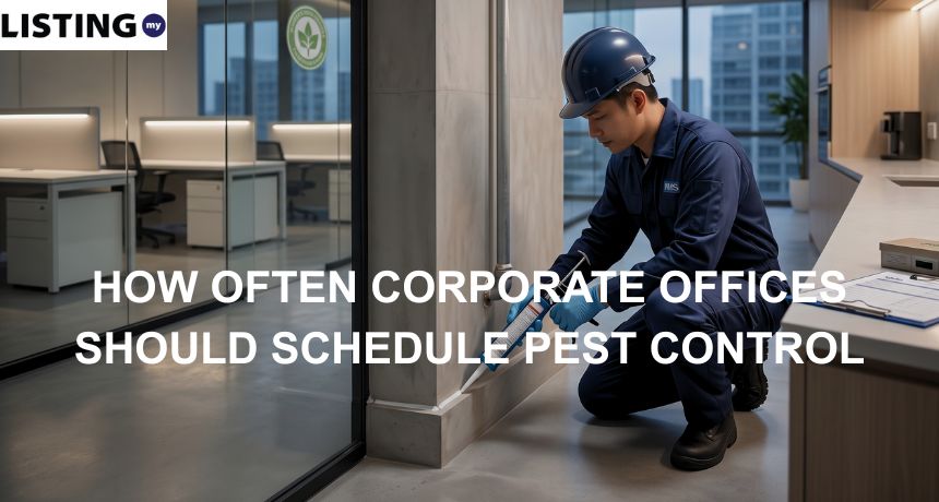 A pest control technician seals a wall gap in a modern office breakroom using a caulking gun.