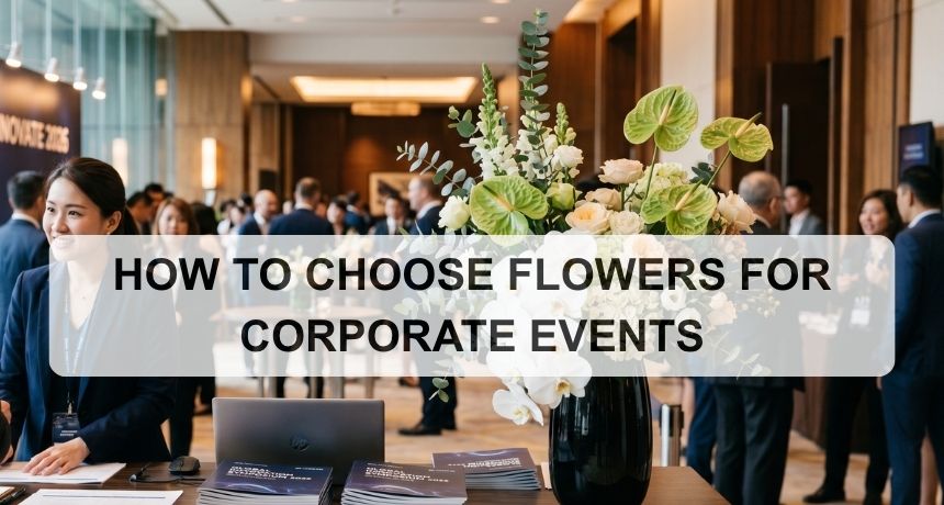 Professional corporate event registration desk featuring a large architectural floral arrangement with white orchids and green anthuriums.