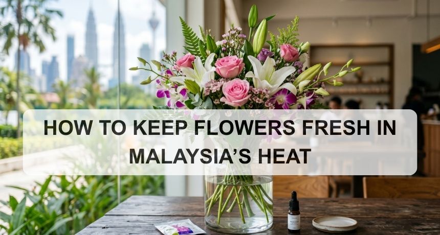 A vibrant flower bouquet in a glass vase on a wooden table overlooking the Kuala Lumpur city skyline.