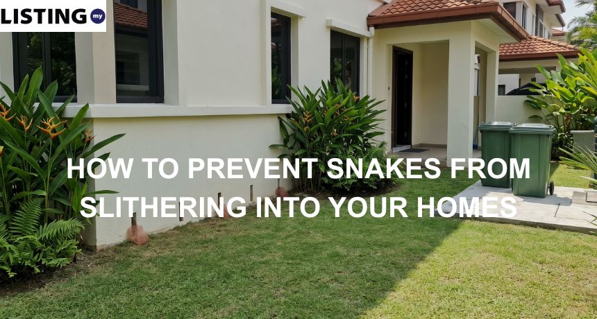 Malaysian home exterior with a clean lawn, closed trash bins, tropical landscaping, and visible foundation weep holes.