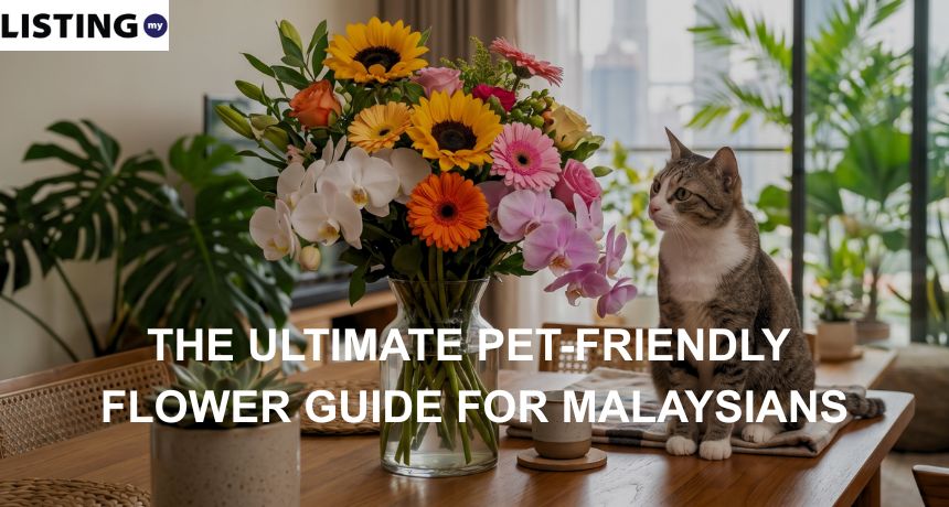 A cat sitting on a wooden table next to a vibrant bouquet of pet-friendly flowers in a bright apartment.