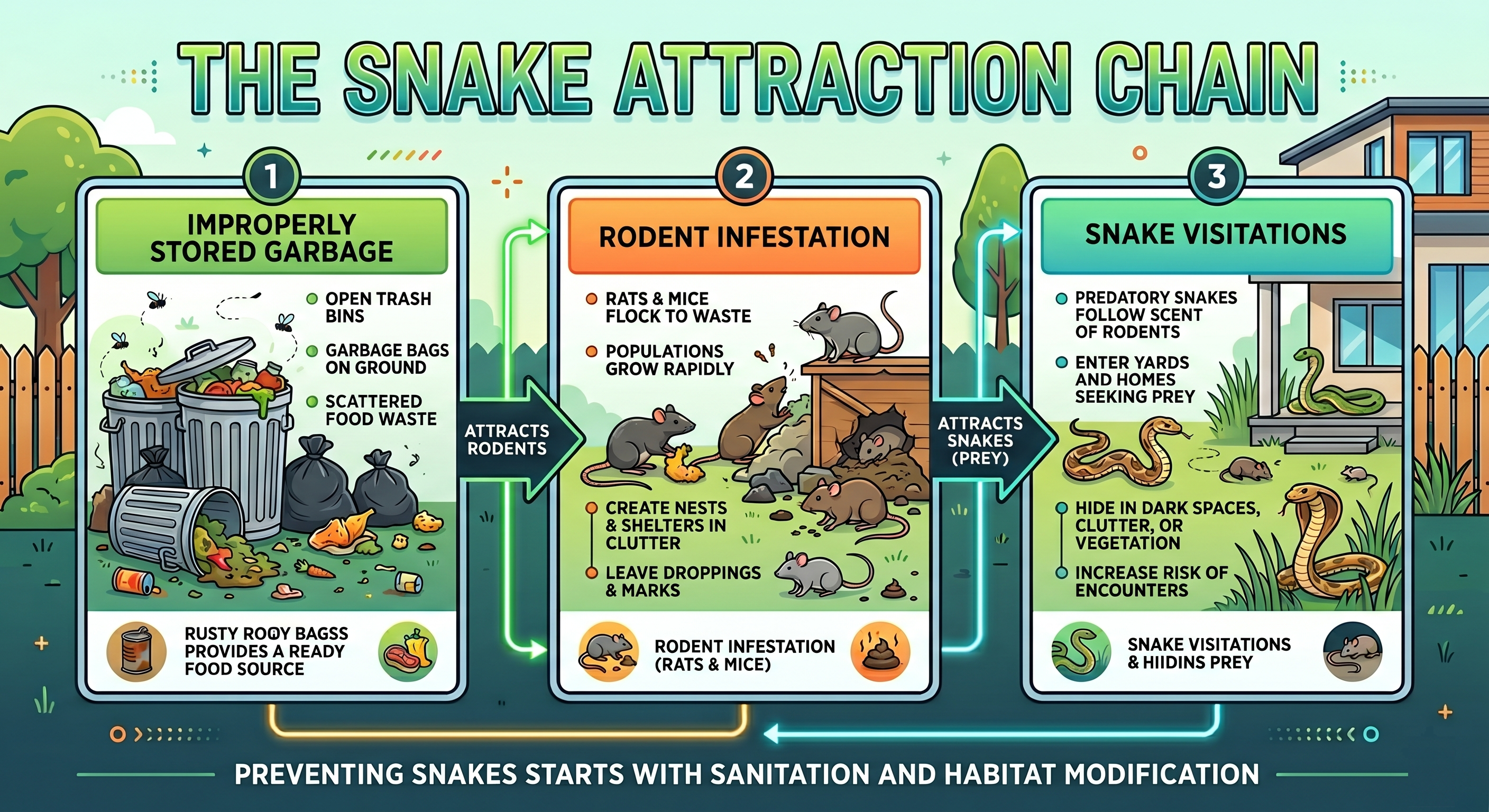 Infographic illustrating a chain: garbage attracts rodents, which then attract predatory snakes to yards and homes.