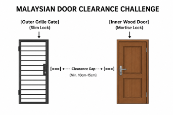 Infographic showing clearance gap requirements between a Malaysian outer grille gate and inner wooden door for smart lock installation.