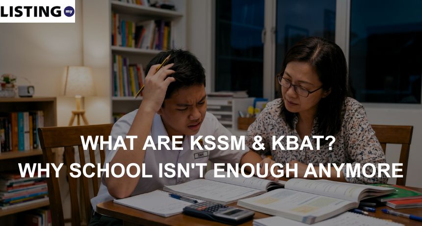 Stressed Malaysian SMK student scratching his head while studying a textbook with his concerned mother at home.