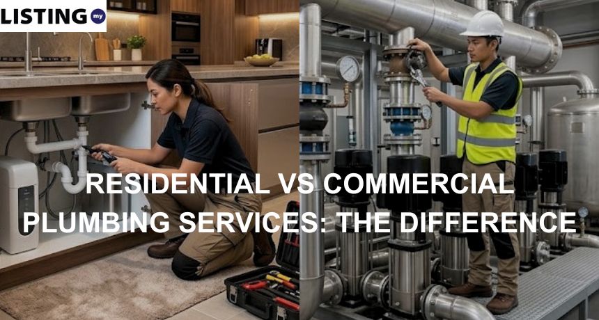 Split image contrasting a male Asian commercial plumber with a female Asian residential plumber repairing a kitchen sink.