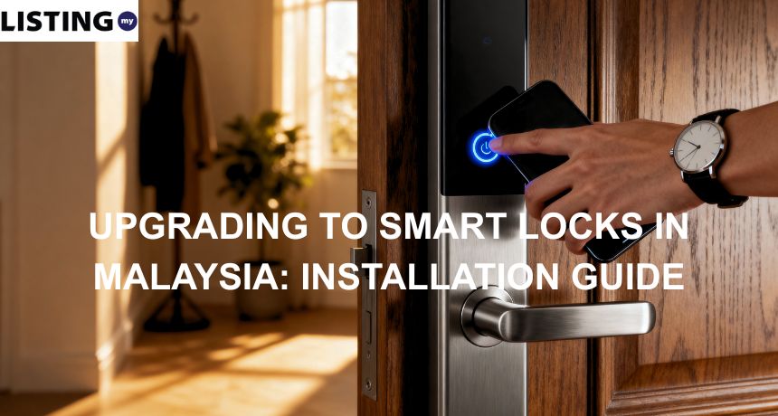 A user tapping his phone onto smart home door lock system installed on his wooden door for entrance
