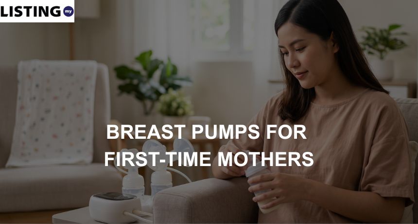 A young mother sitting on a sofa, holding a bottle of breast milk beside an electric breast pump.