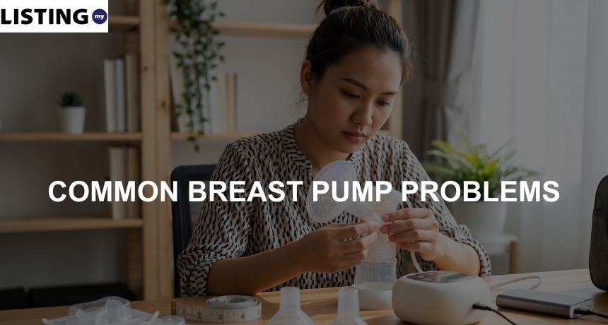 A mother assembling breast pump parts surrounded by accessories