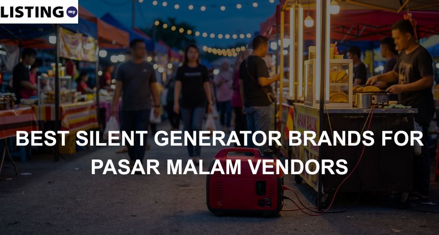 A red portable silent generator on the ground powering a brightly lit stall at a Malaysian night market.