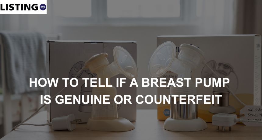 Side-by-side comparison of a counterfeit breast pump and an authentic model showing plug and packaging differences