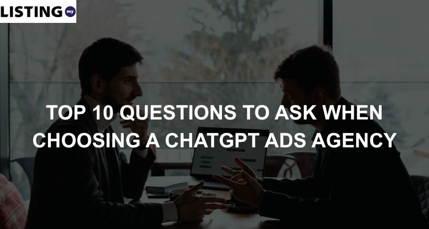 Two businessmen discussing how to select the right ChatGPT ads agency
